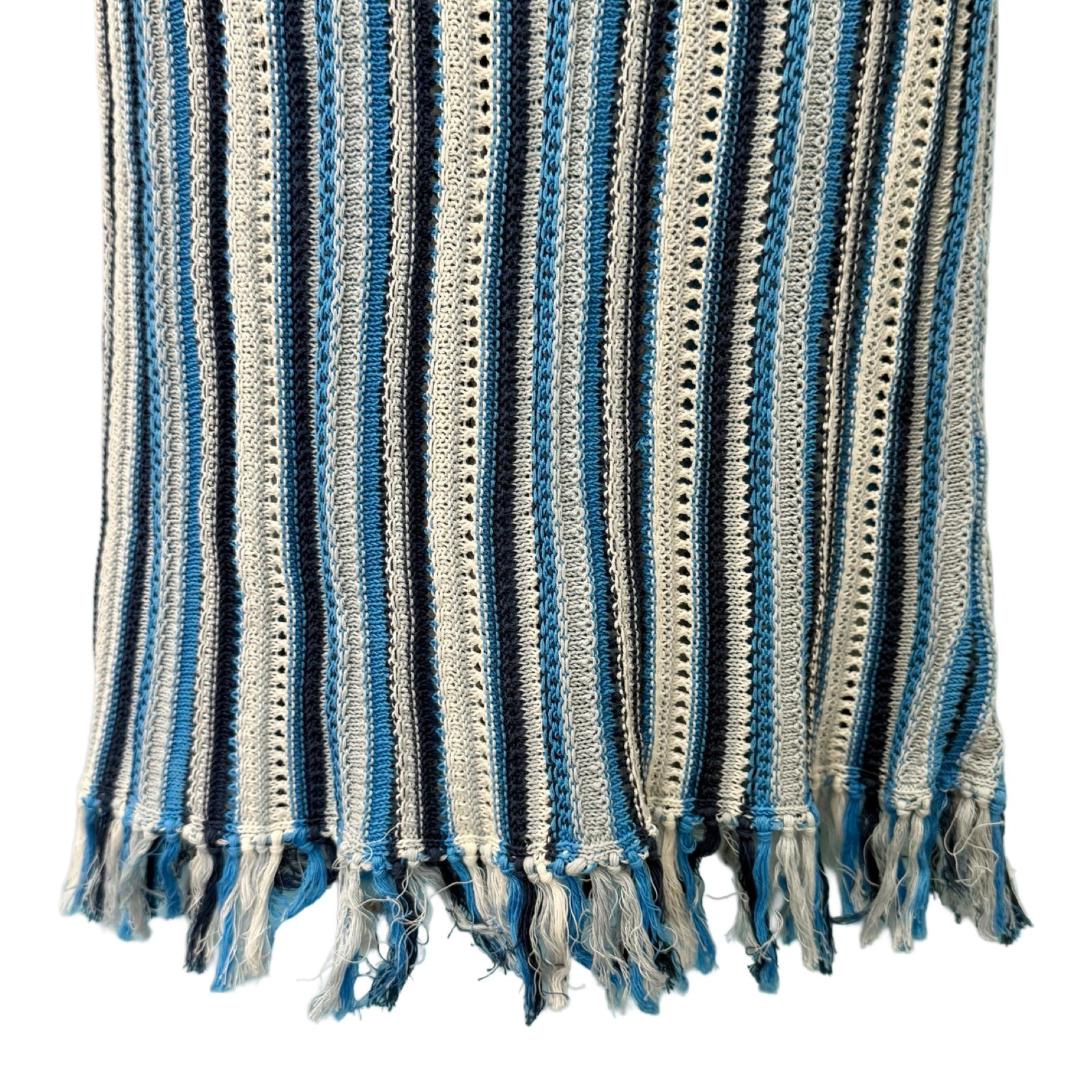 White + Warren Blue White Stripe Mercerized Cotton Fringe Midi Dress Xs New Tags — image 7 of 8